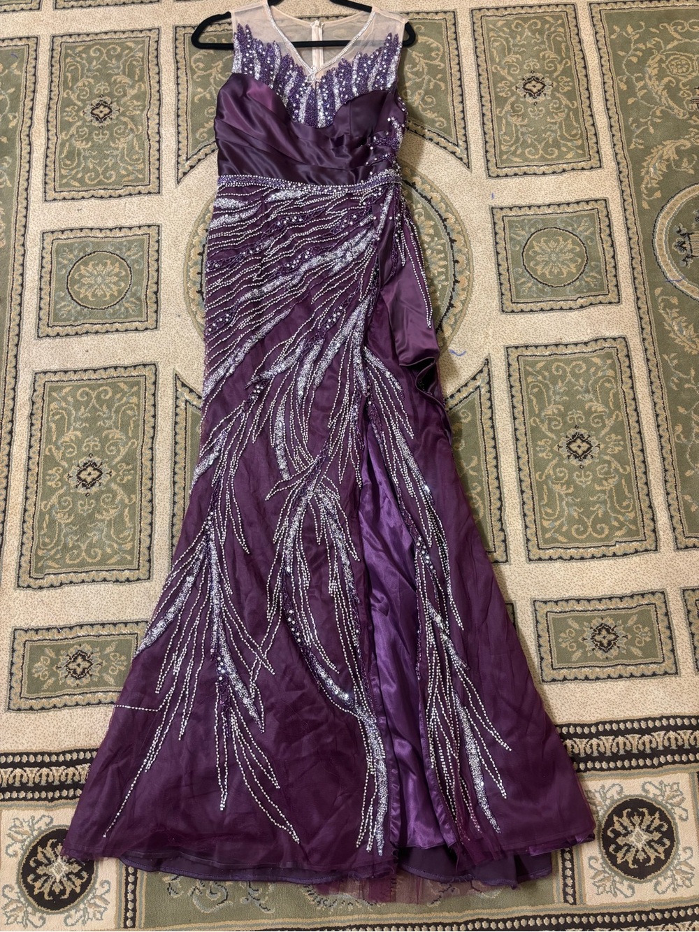 Elegant Purple Evening Gown with Silver Beaded Detail